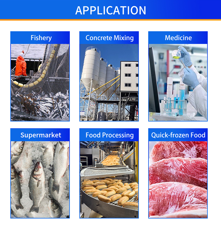 flake-ice-machine-application-scenarios Amplias aplicaciones de máquinas de hielo en escamas, conservación de mariscos y pescados, enfriamiento de concreto, procesamiento de alimentos, medicina, supermercados e industria de alimentos congelados rápidamente.