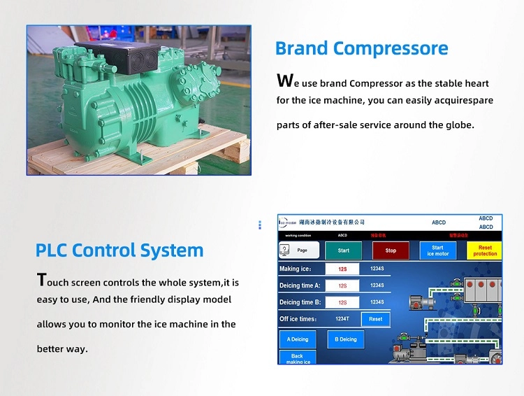 M&aacute;quina de hielo industrial con compresor de marca y sistema de control de pantalla t&aacute;ctil PLC.webp