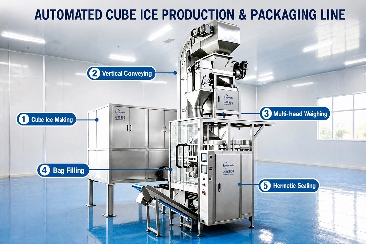 L&iacute;nea automatizada de producci&oacute;n y envasado de hielo en cubitos para f&aacute;brica de hielo comercial