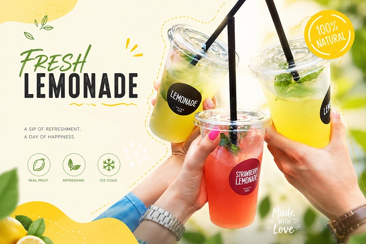 Limonada fresca y refrescante y limonada de fresa servida en vasos de hielo comestibles desechables transparentes, ideal para la nueva l&iacute;nea de negocios de plantas de hielo