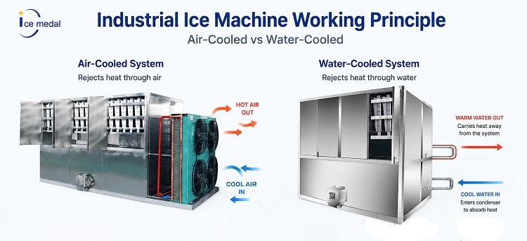 Diagrama de principio de funcionamiento de la m&aacute;quina de hielo industrial refrigerada por aire y por agua