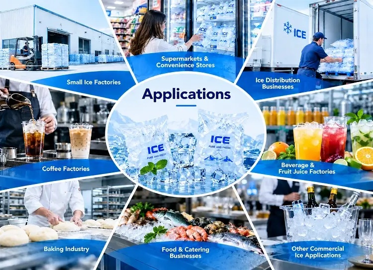 Escenarios de aplicaci&oacute;n de m&aacute;quinas de hielo en cubitos industriales para f&aacute;bricas de hielo, industrias de bebidas y catering.webp